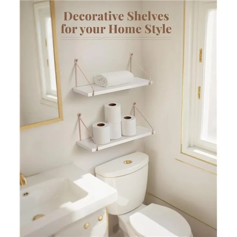 Floating Shelves for Wall, Metallic Gold White Wall Mounted Shelves, Bathroom